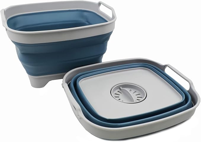 SAMMART 7.5L (2 Gallons) Collapsible Dishpan with Draining Plug - Foldable Washing Basin - Portable Dish Washing Tub - Space Saving y (Grey/Steel Blue (Set of 2) 2)