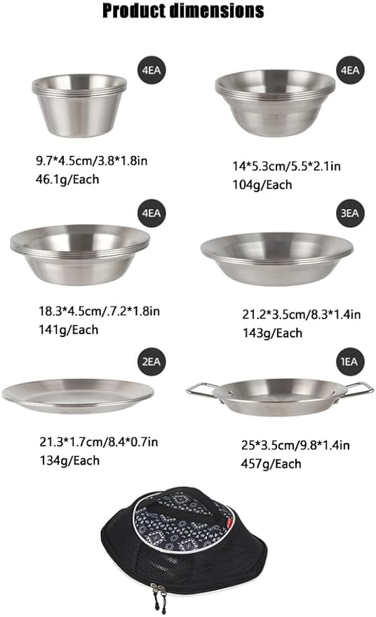 Set of 18 Stainless Steel Outdoor Camping Cookware Mess Kit Camping Dish Set Includes Plates Bowl Storage Bag18