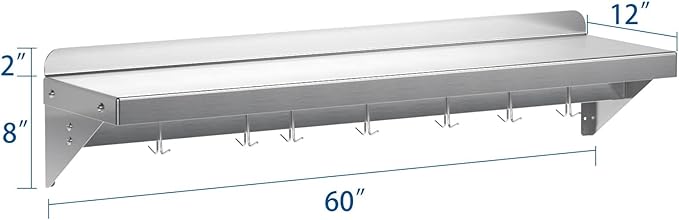 Stainless Steel Shelf Wall Mounted NSF Commercial Wall Shelf Floating Shelving for Kitchen Restaurant Home Hotel 60 x 12 Inches Flat Surface with 7 Hooks