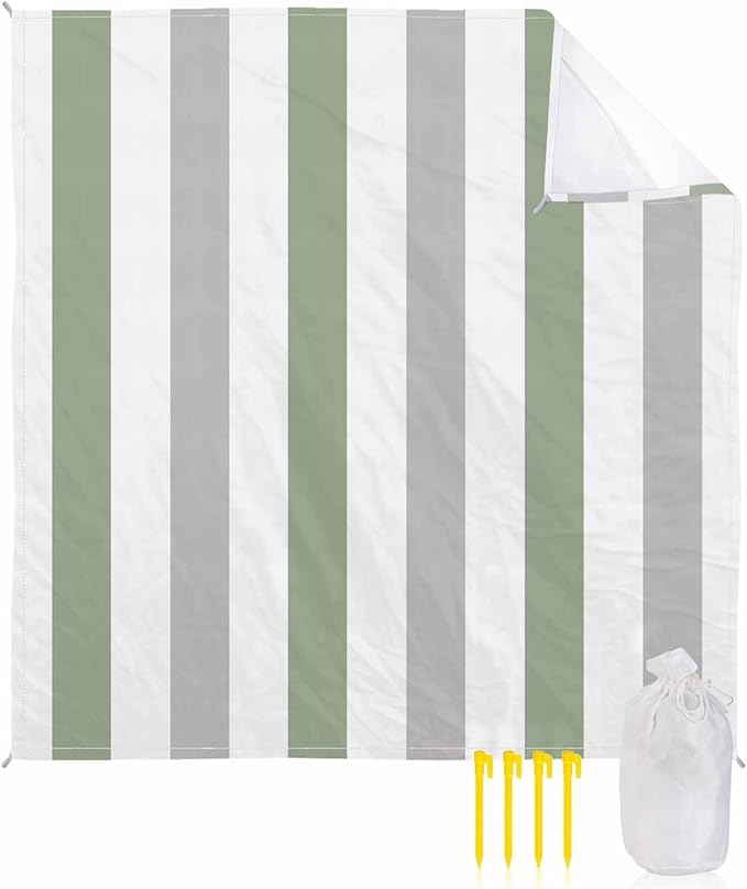 Modern Art Beach Blanket Waterproof Sandproof 83x79 Gray Sage Green Stripes Oversized Beach Mat with 4 Corner Sand Pocket &amp 4 Stakes Compact Outdoor Picnic Mat for Camping Travel Festivals