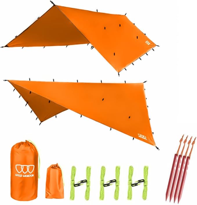 Gold Armour Rainfly Tarp Hammock Premium 14.7ft/12ft/10ft/8ft Rain Fly Cover Waterproof Ultralight Camping Shelter Canopy Survival Equipment Gear Camping Tent Accessories (Orange 10ft x 8ft)