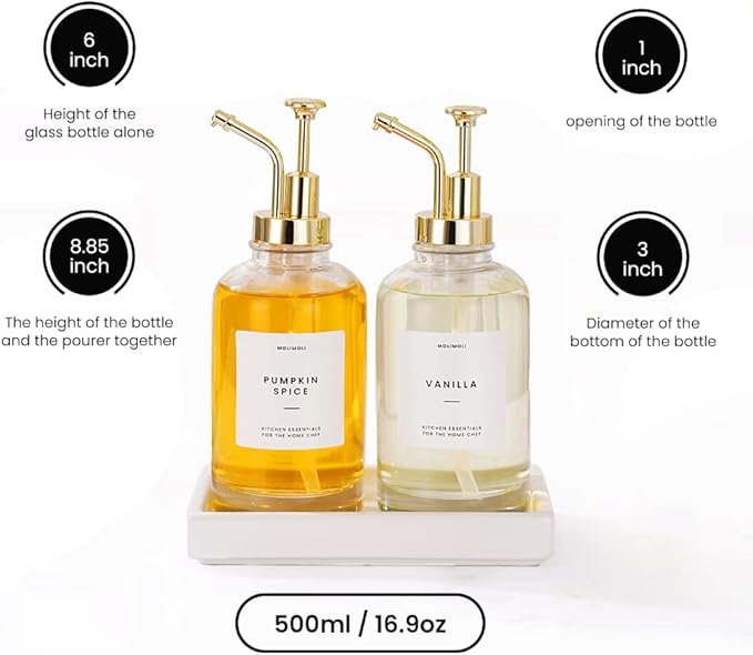 Molimoli Coffee Syrup Dispenser for Coffee Bar with Ceramic Tray Coffee Pump Dispenser 500 ml Set of 2 Gold Upgraded Pump