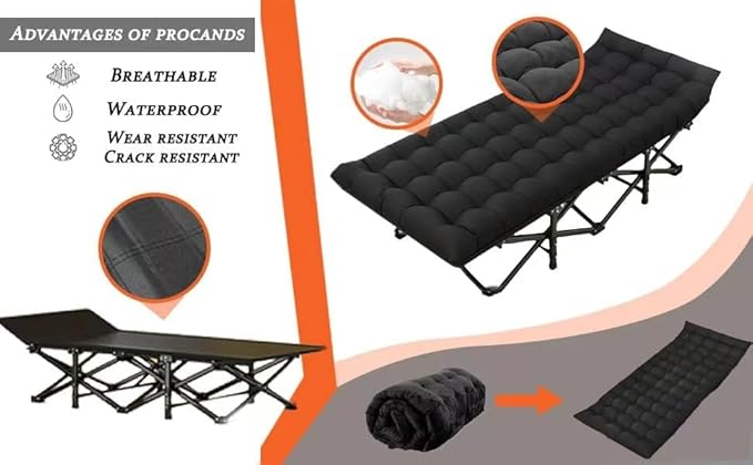 Oversized XXL Folding Camping Cot W/Mat for AdultsHeavy Duty Outdoor Bed with Carry Bag1200 D Layer Oxford Portable Travel Camp Cots Extra Wide Sleeping Cots (Black With Comfortable Mattress)