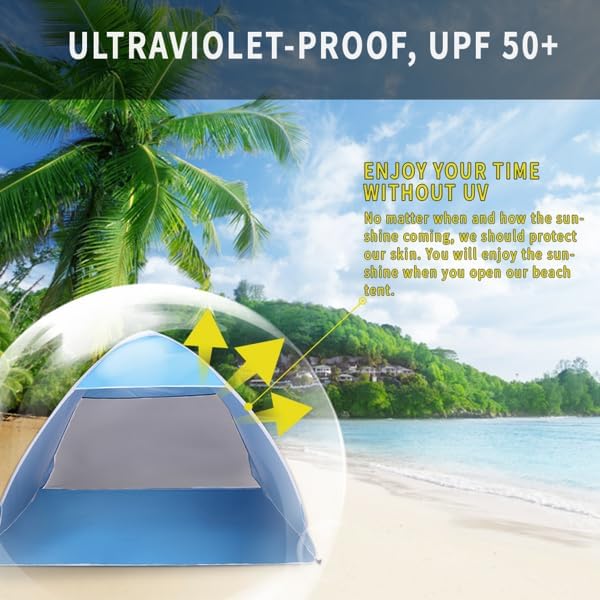Automatic Pop Up Beach Tent for 2-3 People Portable Sun Shelter with UV Protection Waterproof Camping Shade for Family Lightweight Blue Fishing Canopy for Park Hiking Picnic Outdoor Trips
