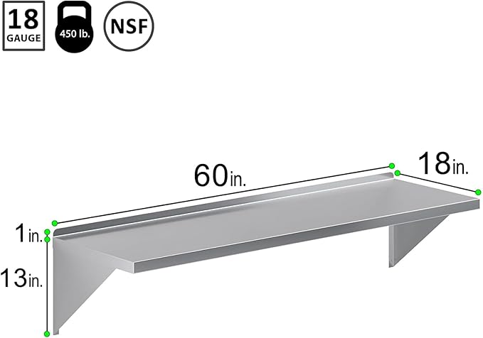 Stainless Steel Wall Shelf | Square Edge | Metal Shelving | Heavy Duty | Commercial Grade | Wall Mount | NSF Certified (18 Width x 60 Length)