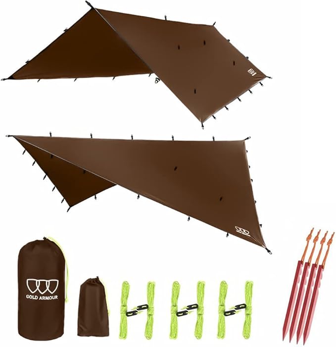Gold Armour Rainfly Tarp Hammock Premium 14.7ft/12ft/10ft/8ft Rain Fly Cover Waterproof Ultralight Camping Shelter Canopy Survival Equipment Gear Camping Tent Accessories (Brown 12ft x 10ft)
