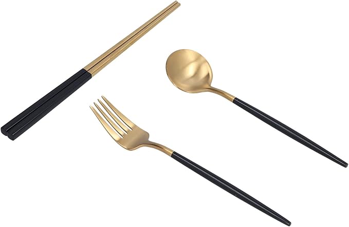 3Pcs Portable Travel Utensils Set Stainless Steel Spoon Fork Chopsticks Dishwasher Safe Cutlery with Anti Shake Groove Storage Box for School Work Outdoor Use (Black gold (black storage box))