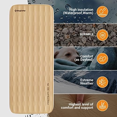KingCamp Self Inflating Sleeping Pad R 7.9 Air &amp Foam Sleeping Pad for Camping 3 Thick Single Camping Mattress with 3D Sidewalls &amp Wave Surface Cut for Outdoor Tent Cot Car PVC Free (Khaki