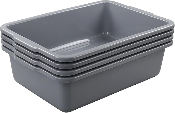 Zopnny 4 Pack Commercial Bus Tubs Food Grade Meat Processing Tubs Lug 7 Grey Plastic Dish Tub/Wash Basin/Tote Box for Dishwashing Kitchen Restaurant Utility (35 L)