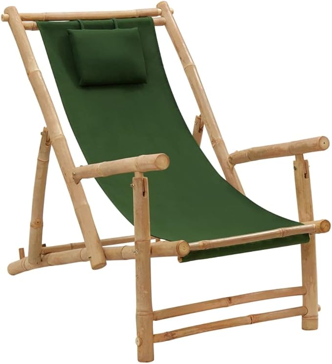 Green Bamboo Deck Chair Adjustable Recliner with Foldable Design for Patio Garden Beach Camping Sturdy Canvas Polyester Outdoor Lounge Chair for Relaxing