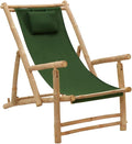 Green Bamboo Deck Chair Adjustable Recliner with Foldable Design for Patio Garden Beach Camping Sturdy Canvas Polyester Outdoor Lounge Chair for Relaxing