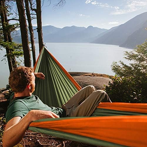Fox Outfitters Neolite Double Camping Hammock - Lightweight Portable Nylon Parachute Hammock for Backpacking Travel Beach Yard. Hammock Straps &amp Steel Carabiners Included (Orange/Olive Green)