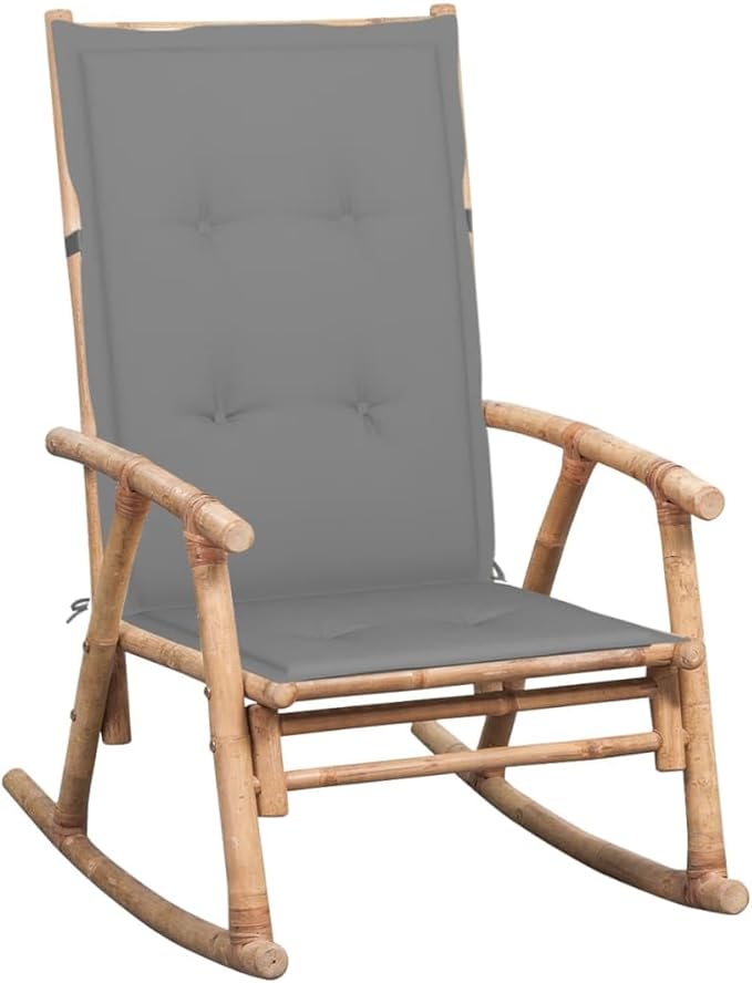 Outdoor Indoor Rocking Chair with Cushion Grey Bamboo Frame and Polyester Fabric Durable Patio Garden Porch Swing Seat for Relaxing Reading Weather Resistant Comfortable Modern Rocker