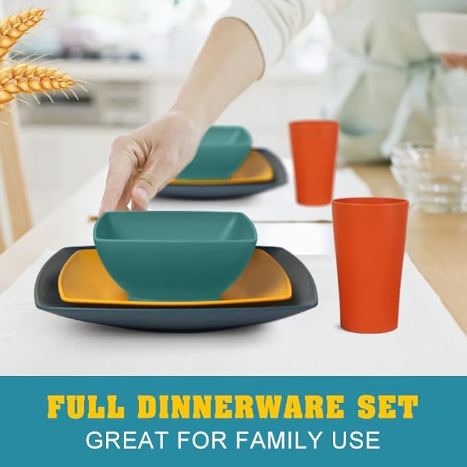 Teivio 16-piece Plastic Wheat Straw Square Dinnerware Set for 4 Unbreakable Dinner Plates Salad Plates Snack Bowls Tumblers 13.5 oz Dishwasher Safe Autumn Multicolor