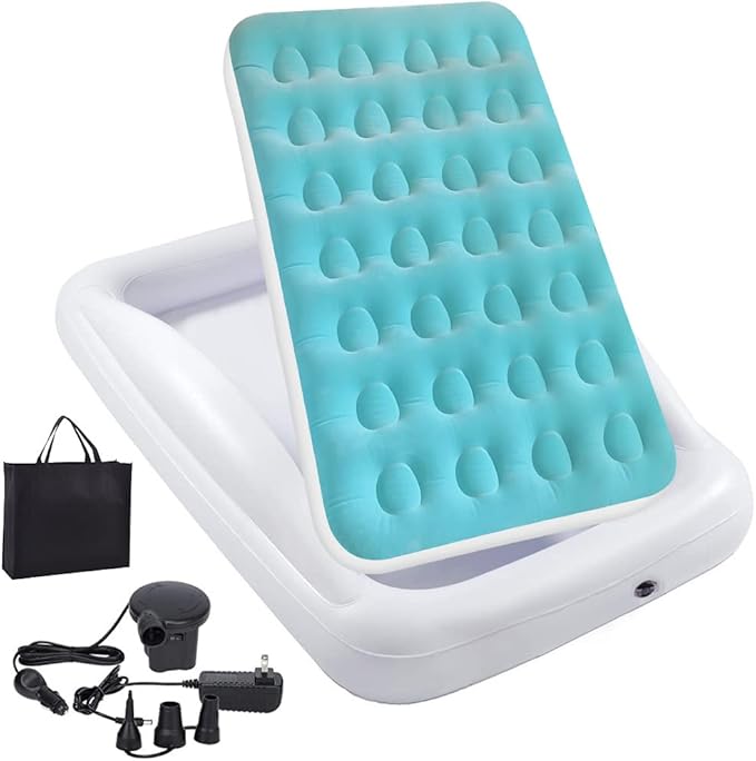 Inflatable Kids Travel Bed Toddler Air Mattress SetPortable Blow Up Mattress Sleeping Bed Cot with Bed Rails and Electric Pump Ideal for Road Trip