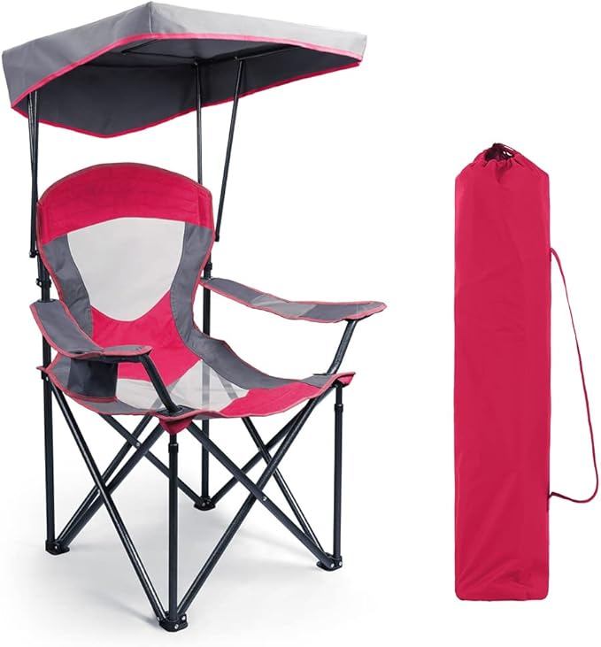 HIGH POINT SPORTS Camping Chairs with Shade Heavy Duty Canopy Lounge Chair Sunshade Hiking Travel Chair with Cup Holder for Outdoor Camping Beach and Patio Red