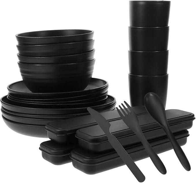 Alipis 4 Sets Box Cutlery Set Camping Dishes Utensils Noodle Bowl with Tableware Reusable Utensils with Case Portable Tableware Bento Bowl Food Bowl Party Dinnerware Bowl Plate Dinnerware Black