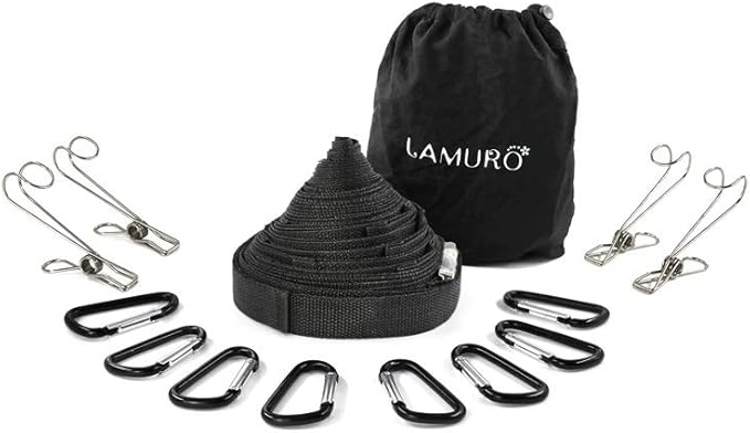 Campsite Storage Strap with 19 Separated Loops for Hanging Camping Equipment Gear and Supplies | Includes Carabiner Hooks and Clothes Pins | Durable Campground Organizer Holds up to 150 LBS