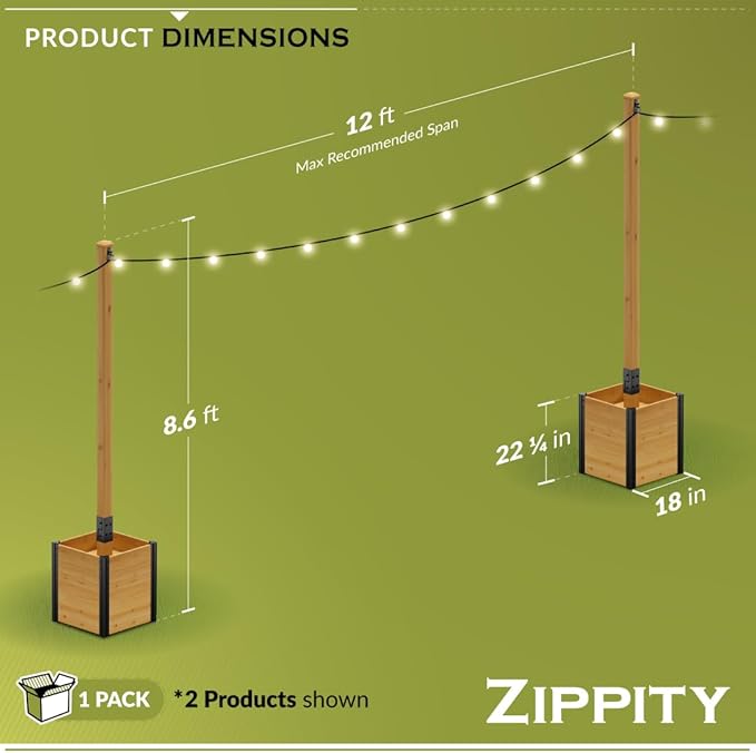 8.5ft H (1 Post w/Planter Box) Freestanding Zippity Concord String Light Post for Outdoor Hanging Lights Light Poles for Outside Balcony Lights Patio Decor for String Lights ZP19081