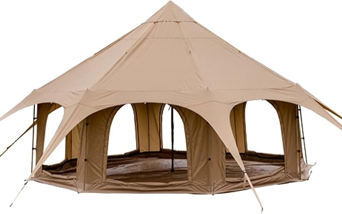 Thcbme 5M Cotton Canvas Bell Tent - Yurts with Stove Jack Windproof Breathable Shade Family Camping Travel Group Activities 4 Season Polyester (6-10People) Khaki 16.4ft (MXT16.4ft-KQ)