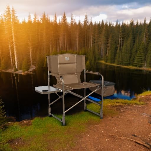TIMBER RIDGE Folding Camping Chair with Cooler Bag Director Chair Foldable with Side Table for Adults Camp Chairs for Outdoor Lawn Sports Fishing Heavy Duty Supports 300lbs Earth Brown