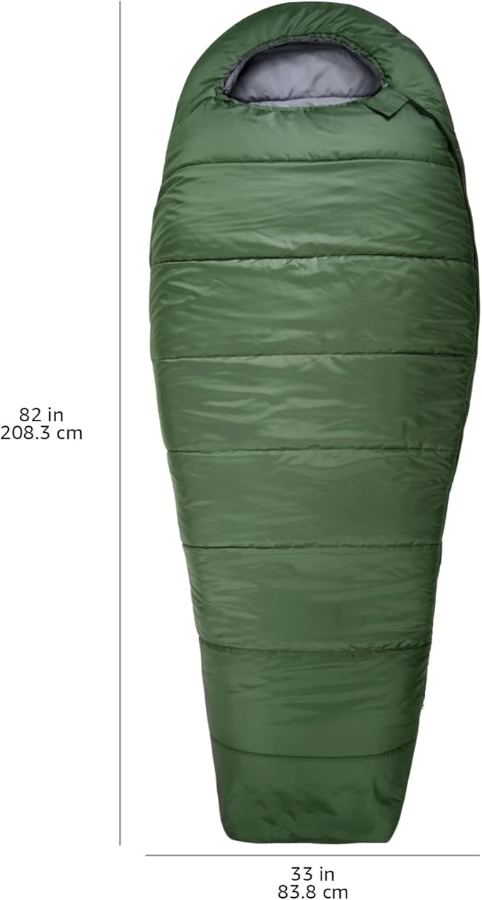 Amazon Basics 20°F Cold Weather Mummy Sleeping Bag for Hiking Outdoor Camping with No-Snag Zipper Portable 82 x 33 Olive Green