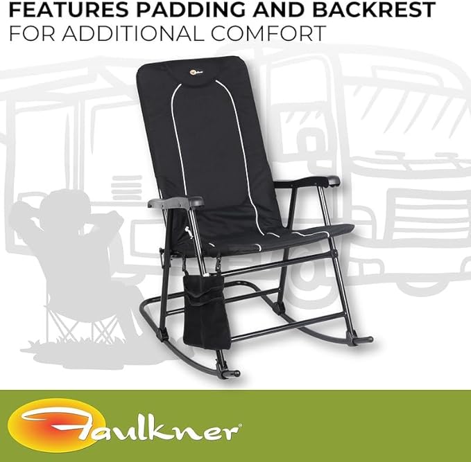 Faulkner Dakota Folding Rocking Chair Black Padded Seat and Backrest Lightweight Steel Frame Side Pouch 300 lb Capacity Foldable Outdoor Camping and Patio Chair