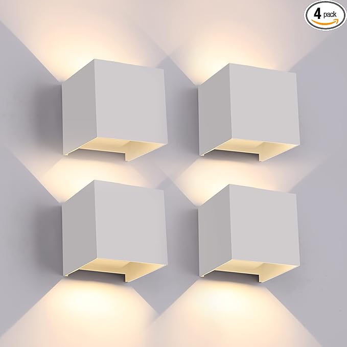 12W 4Pack Outdoor Wall Lights Exterior/InteriorLED White Outdoor Wall Sconces Light Fixtures ModernIP65 Waterproof Square Aluminum Wall Lamps Up and Down Lights 3000K Warm Lights