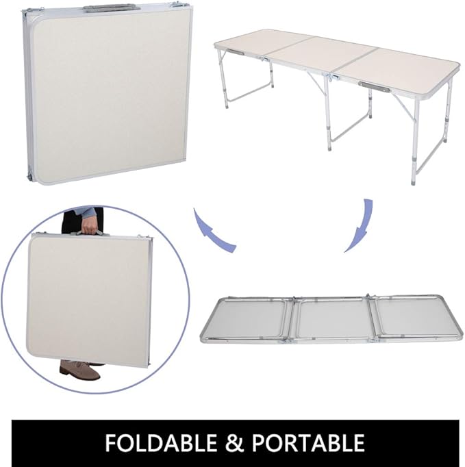 Folding Camping Table4FT Aluminum Folding Picnic Table with 3 Adjustable HeightHeavy Duty 3 Fold Utility TableIndoor Outdoor Portable Lightweight Beach Accessories with Carrying Handle (White)