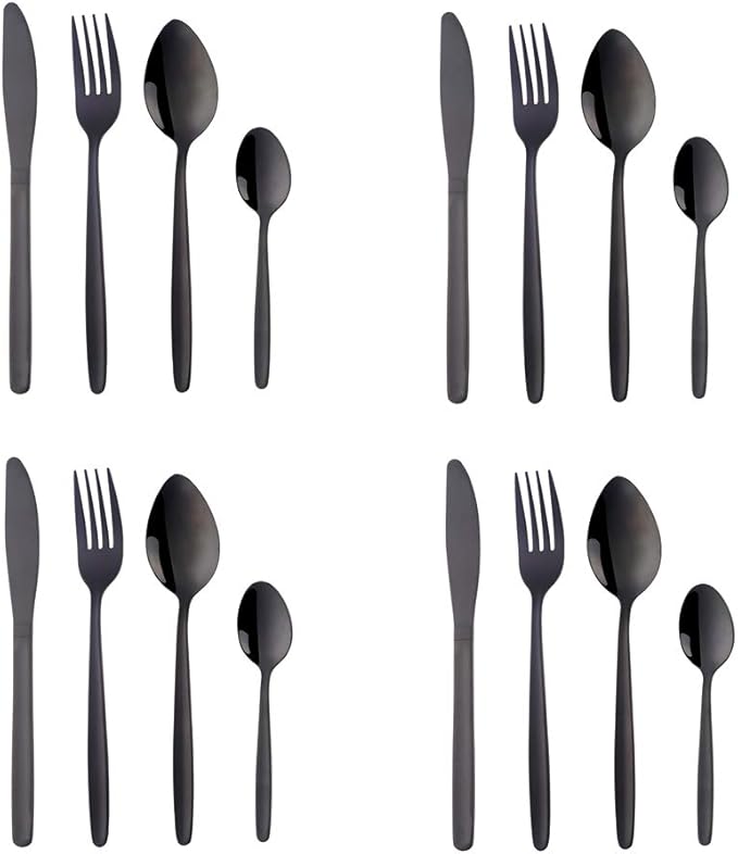 BuyGo Black Silverware Flatware Set 16-Piece Light Weight Stainless Steel Eating Utensil Service for 4 Include Knife Fork Spoon Dishwasher Safe