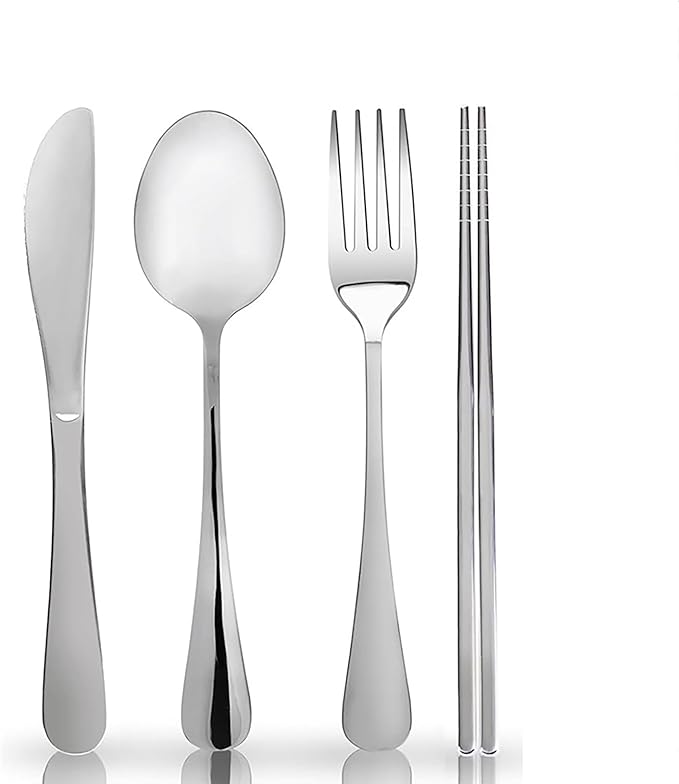 32 Pieces for 8 Persons Chopsticks and Forks Set Silverware Set Kitchen Utensils Set Cutlery Set Flatware Set Dishwasher Safe Mirror Effect for Picnic Camping Barbecue Silver