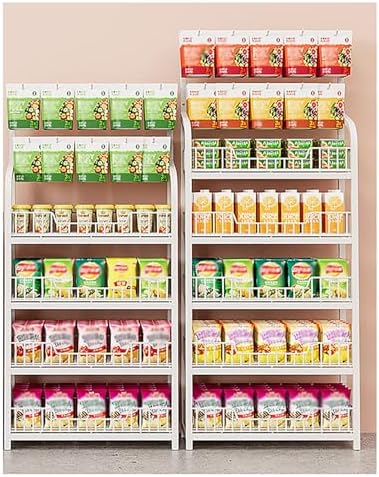 Retail Snack Display Stand Metal Supermarket Shelf Candy Storage Cart Rack Potato Chip Floor Organizer for Pantry Convenience Stores Concession White-4tier-50x27x146cm