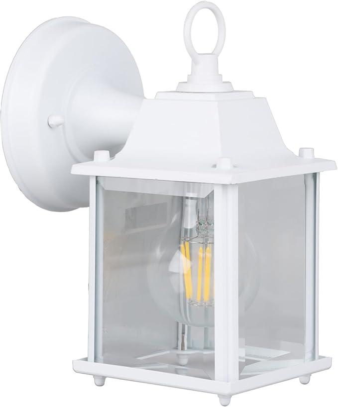 Classic White Aluminum Wall Lamp – Wet Location Outdoor Fixture Die-Cast Aluminum &amp Tempered Glass E26 Base (60W Max) for Porch Garage Garden (Single Pack