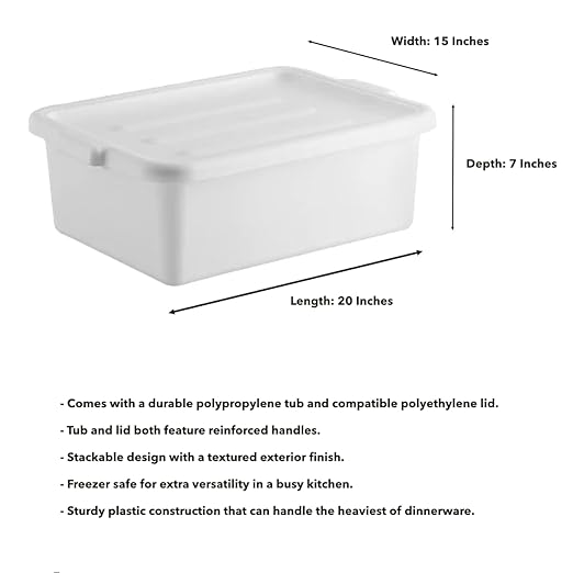 12-Pack Polypropylene Bus Tub with Cover Durable Bus Box for Professional Food Service Use Plastic Restaurant Tub Commercial Tote Box for Food Service or Transporting (20 x 15 x 7) White