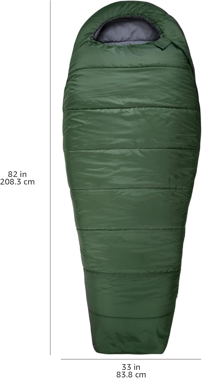 Amazon Basics 20°F Cold Weather Mummy Sleeping Bag for Hiking Outdoor Camping with No-Snag Zipper Portable 82 x 33 Olive Green