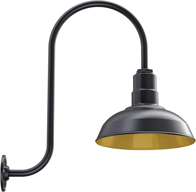 Steel Lighting Co. Westchester Barn Light | Outdoor Wall Mounted | 12 inch Dome | Upslope Gooseneck| Warehouse Steel Light Made in America | Matte Black Exterior/Brass Interior