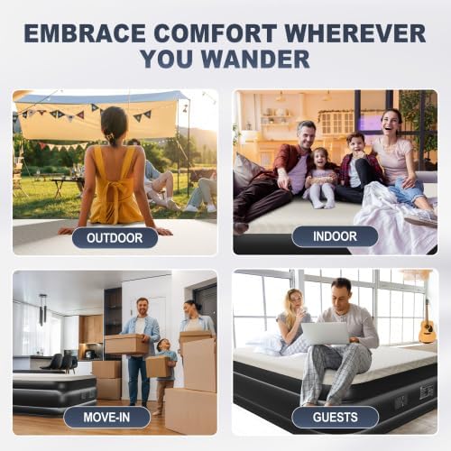 VINGLI Deluxe Air Mattress with Built-in Pump 18 Raised Blow Up Mattress with Soft Flocked Top Leakproof Inflatable Mattress for Camping Home Guestswith Storage Bag (Luxury Kaqi Queen)