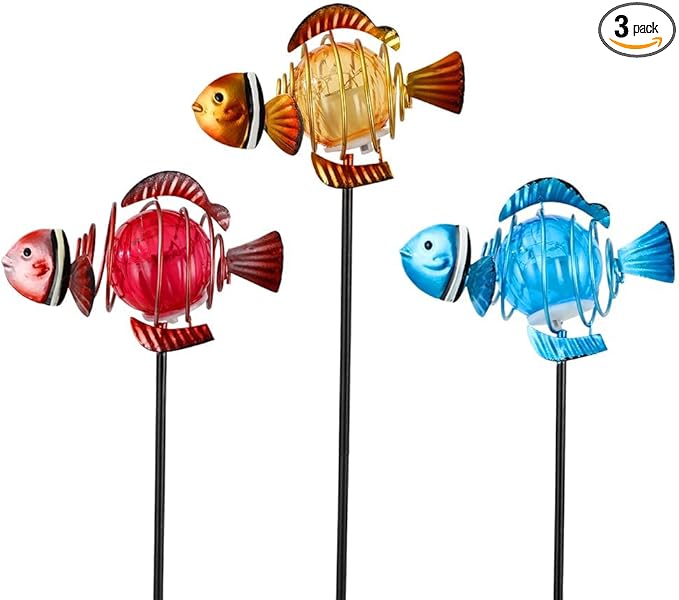 Fish 3Pack 21.3''H Outdoor Figurine Lights Multicolor Clownfish Solar Garden Decor with Led Lights Decorative Garden Stake for Yard Patio Lawn
