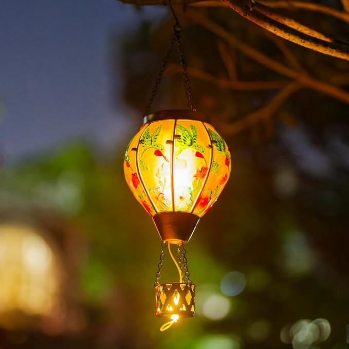 Starsoul Hummingbird Hot Air Balloon Solar Lantern with Candle Holder Glass Outdoor Solar Hot Air Balloon Flickering Flame for Lawn Porch Yard Decorations Gifts for Women Mom Grandma