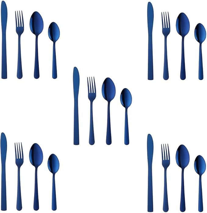 Buyer Star 20-Piece Blue Silverware Flatware Set for 5 Light Weight Cutlery Sets for Travel Camping Hand Polish Dishwasher Safe
