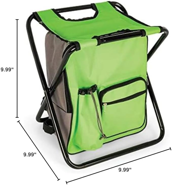 Camco Folding Camping Stool Backpack Cooler Trio- Camping/Hiking Bag with Waterproof Insulated Cooler Pockets and Sturdy Legs for Seating Great for Travel- Green (51909)