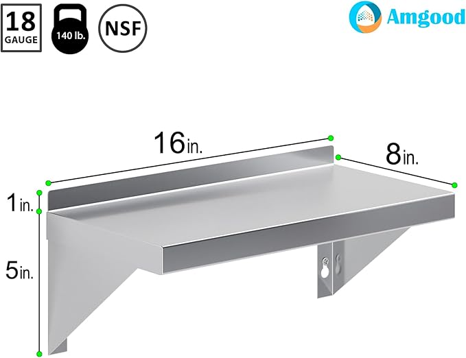 AmGood 08 Width x 16 Length | Stainless Steel Wall Shelf | Square Edge | Metal Shelving | Heavy Duty | Commercial Grade | Wall Mount | NSF Certified