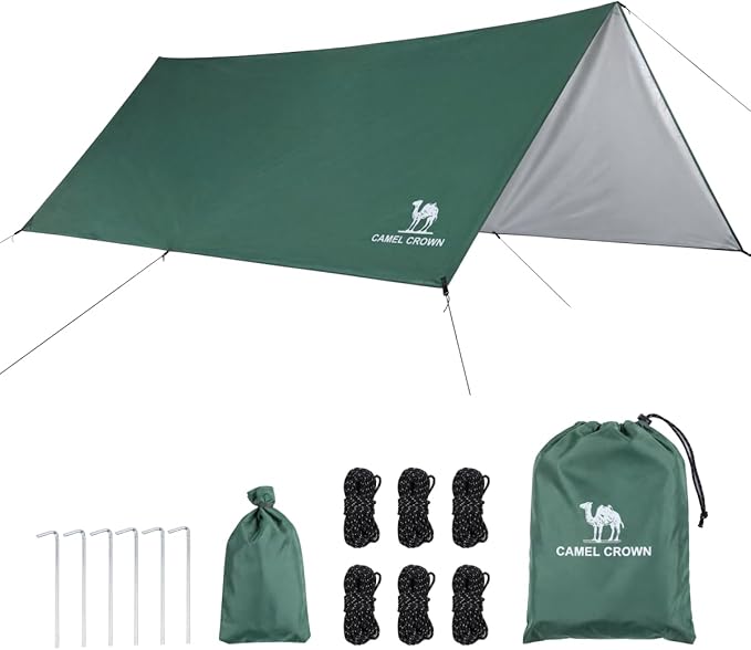 CAMEL CROWN Camping Tarp3000mm Waterproof &amp UPF 50+ Sun Protection Rain Fly Tarp - Lightweight Portable Camping Shelter with Stakes Guy Lines &amp Carry Bag for Hiking Backpacking Beach Picnic