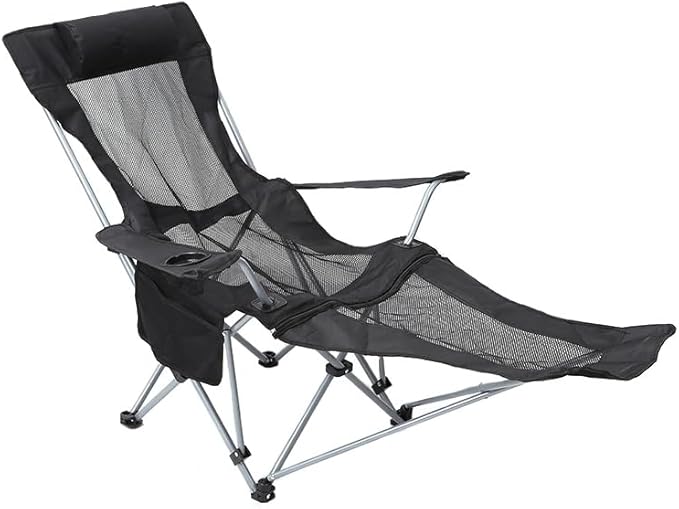 Reclining Camping Chair with Removable Footrest Adjustable Camping Lounge Beach Chair with Padded Headrest Cup Holder &amp Carry Bag Camp Chair with Foot Rest Lawn Chair for Outdoor Patio Black M