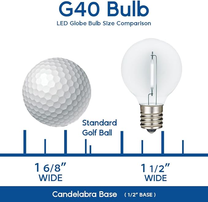 Novelty Lights 25 Pack Pure White G40 LED Filament String Light Bulbs E12/C7 Candelabra Base 5 Watt Equivalent Shatterproof Replacement Bulbs for Patios Canopy Lighting