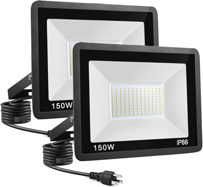 2-Pack 150W LED Flood Light 16000lm with 16.4FT/5m Cord plug switch Super Bright Security Lights IP66 Waterproof Outdoor Flood Light 5000K White Floodlight for Yard GardenBasketball CourtArena