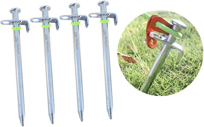 HANABASS 4pcs Sturdy Steel Tent Stakes and Hooks Tent Pegs Nails for Stake Kit Outdoor Camping Tarp Fixation
