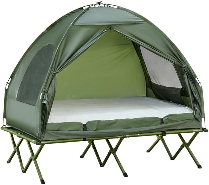2 Person Foldable Camping Cot with Tent Bedspread and Thick Air Mattress 4-in-1 Elevated Camping Bed Tent for Outdoor Hiking Picnic Travel