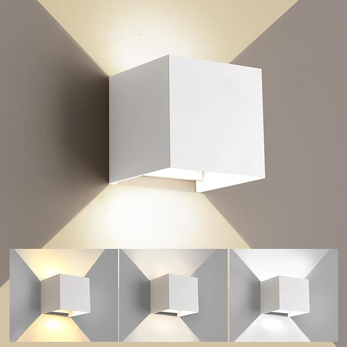 Outdoor Wall Lights &amp Indoor Wall Sconce White Square Wall Sconces Lights3000K/4000K/6500K15W Outdoor SconceWaterproofRust-ResistantETL Listed1300LMAdjustable Beam(4.33 Inch1 Pack)