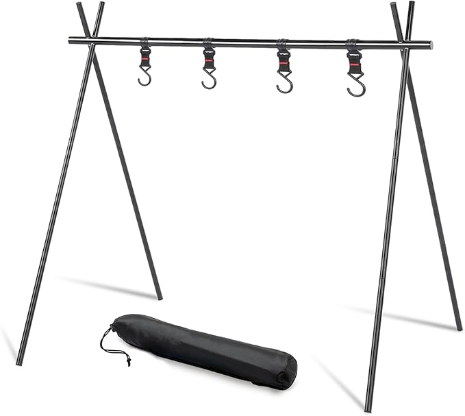 Foldable Tripod Camping Hanging Rack - 4 Hooks Outdoor Cookware Storage Portable Outdoor Camping Folding Rack